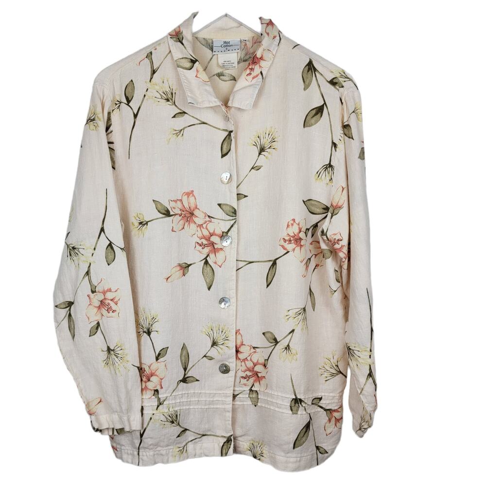Hot Cotton Floral Button Down Shirt - Cream and Pink